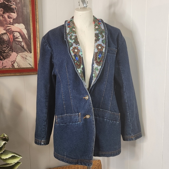 Vintage 1990s Beaded Sequin Denim Jean Jacket Blazer Size 12 Eclectic Ornate Art - Picture 1 of 13